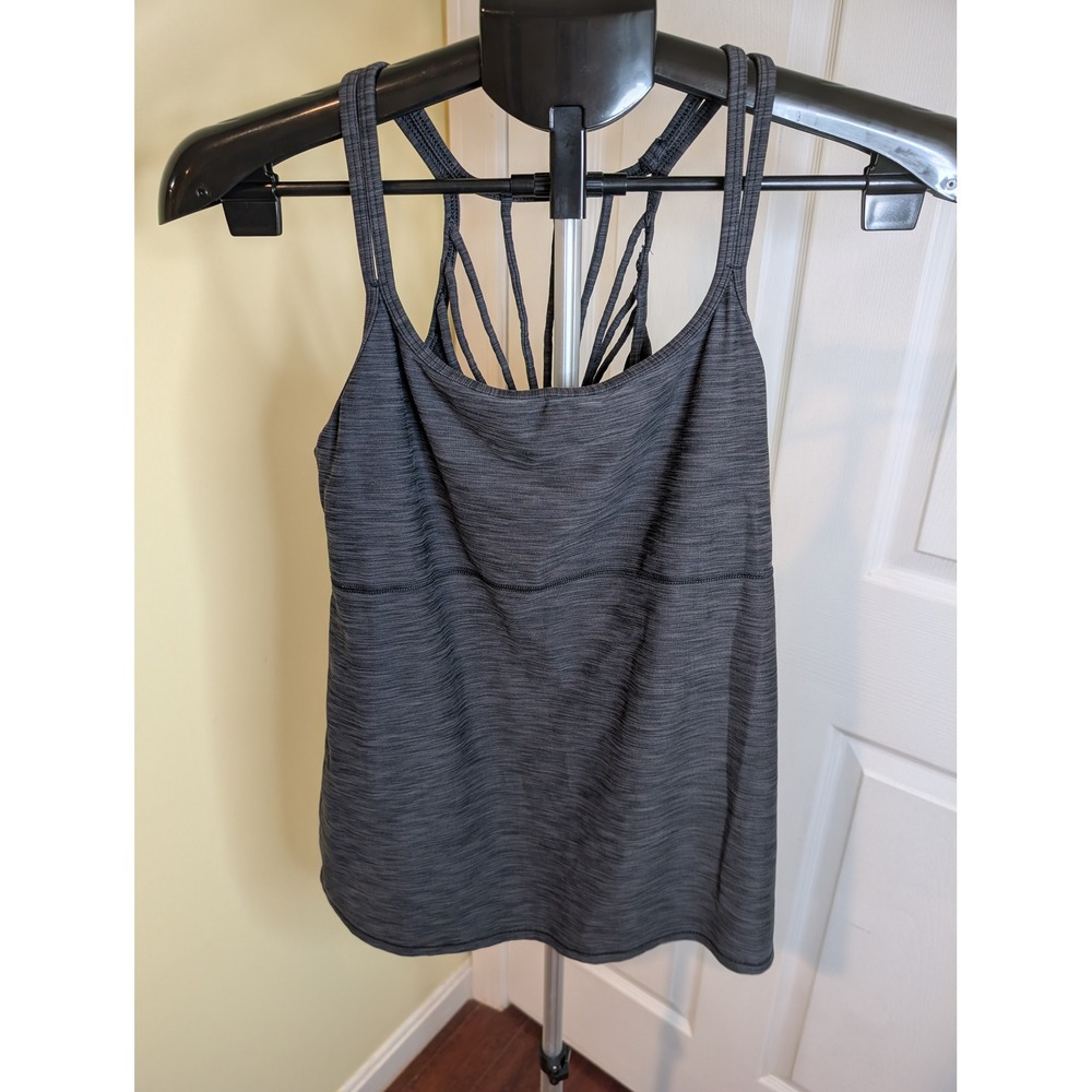 Prana Delicate Yoga Tank Top Womens L Grey Space Dye Strappy Cage Back Shelf Bra
